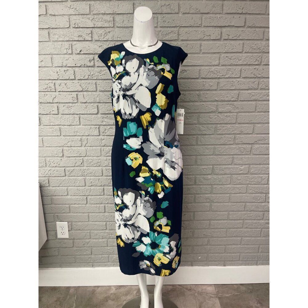 London Style Collection Women Navy Floral Sleeveless Midi Dress Size 10 NWT